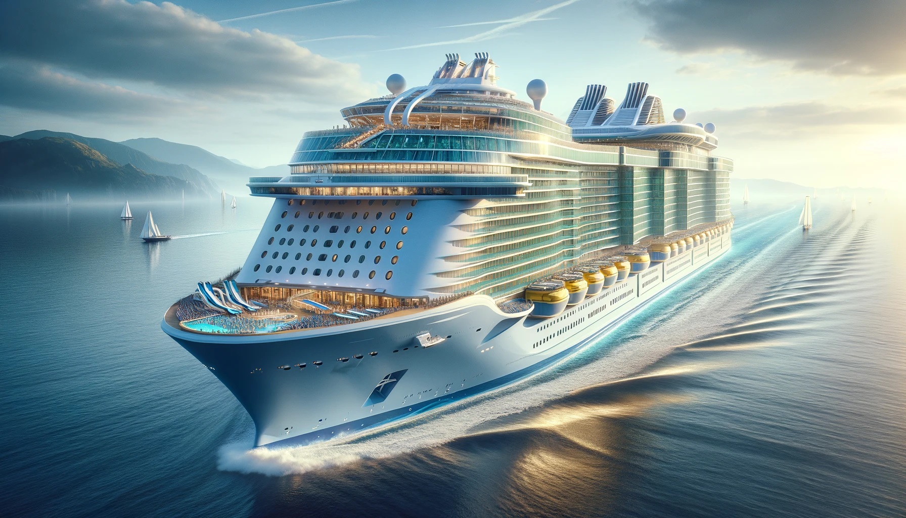 Großes Kreuzfahrtschiff auf türkisblauem Meer aus der Vogelperspektive